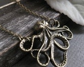 Long Necklace Octopus, Antique Gold Brass, Nautical Pendant Octopus Necklace - TENTACLES