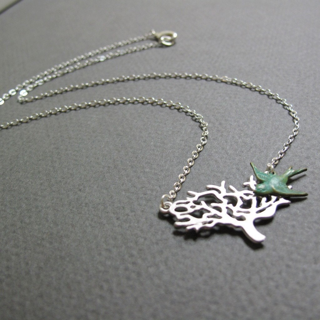 Bird Tree Necklace Pendant, Silver Tree, Turquoise Blue Bird Necklace, Modern Vintage - ENCHANTED