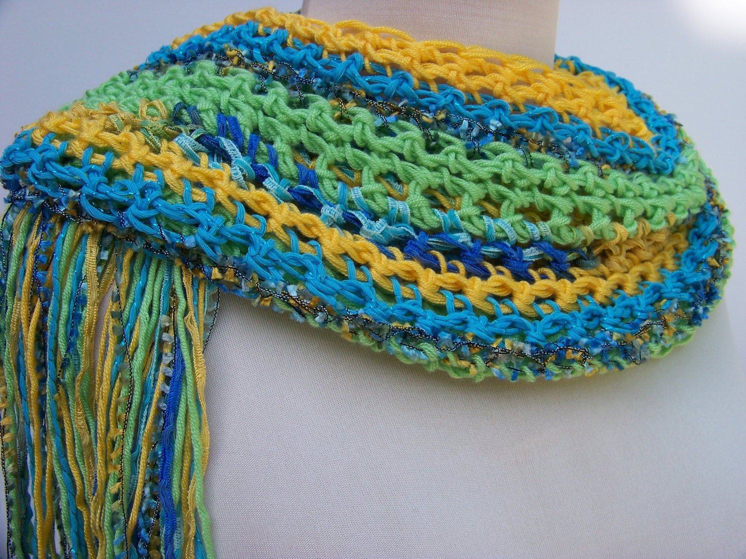 Summer Crochet Scarf...Lime Green, Yellow, Turquoise