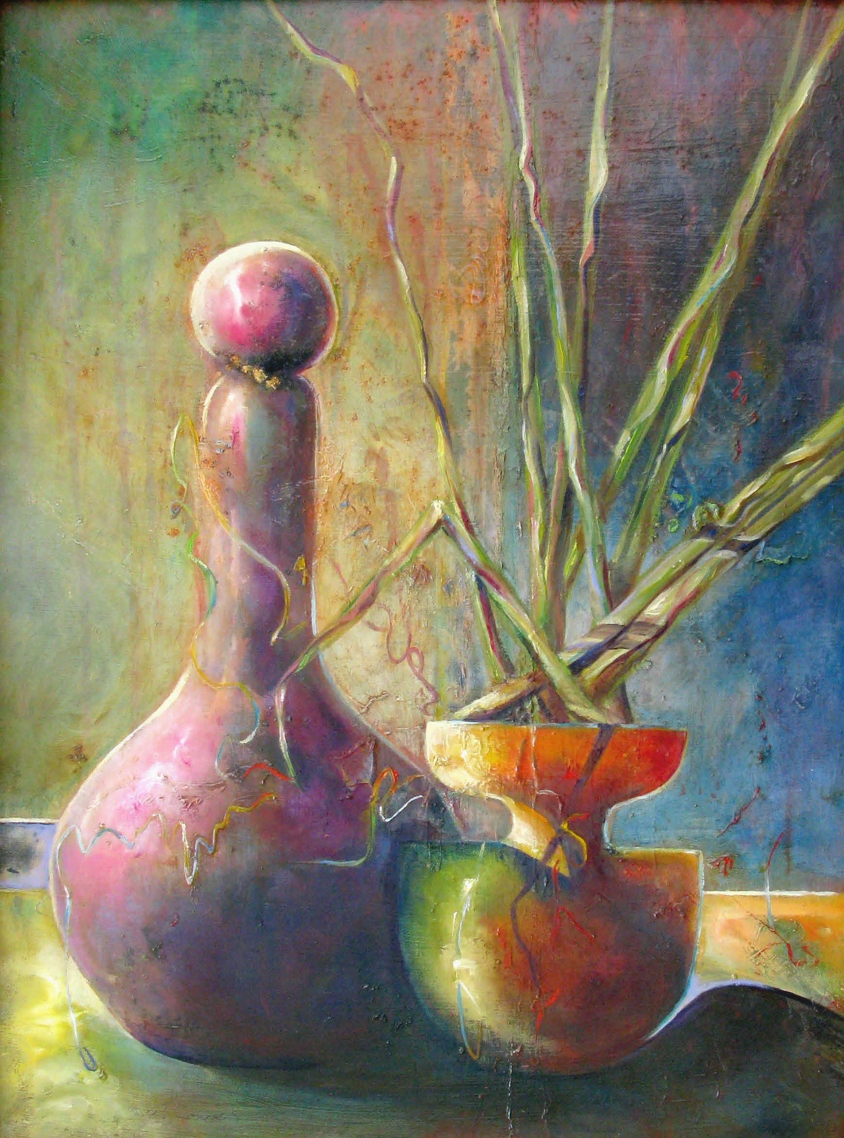 Large abstract original oil painting modern contemporary sticks pots stones still life fine art 18 x 24