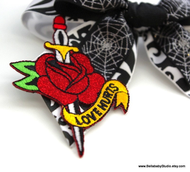 Love Hurts Stabbed RoseTattoo Flash Black and White Damask Ribbon Hair Bow