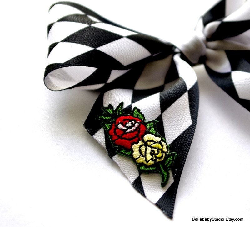 Black White Checked Satin Hair Bow Rose Tattoo