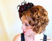 Black Red Roses with Black Biot Feathers Formal Headpiece Alternative bride