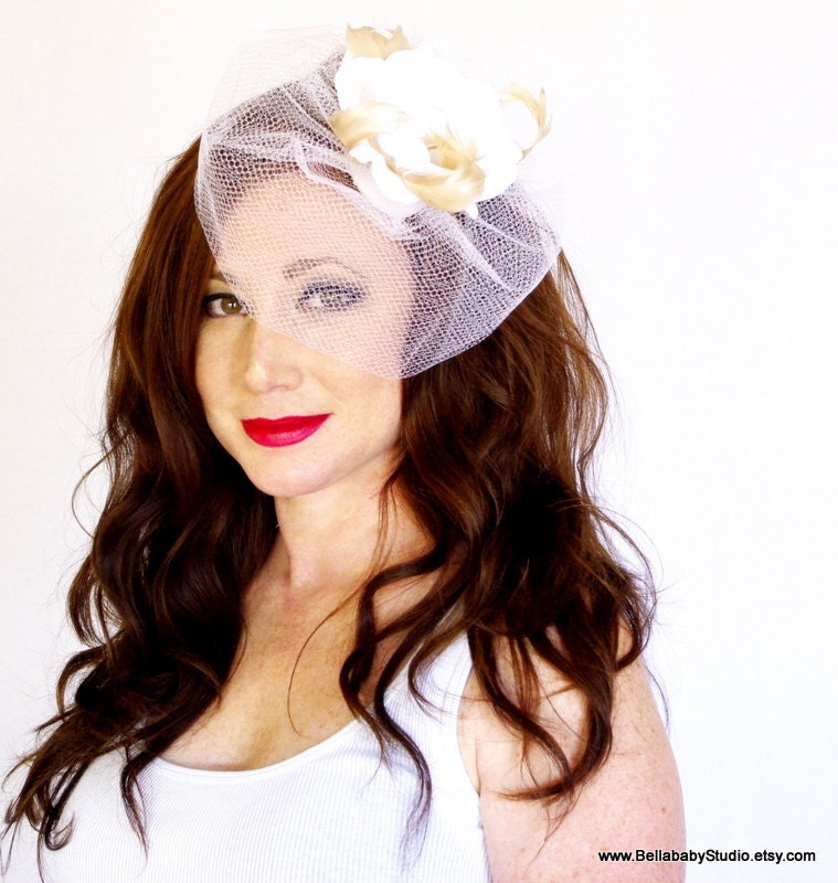 Formal White Tulle Birdcage Veil White Rose Nude Feathers Bridal Wedding Head Piece