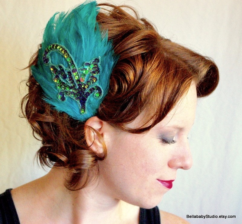 Turquoise Feathers and Turquoise Sequins Hackle Hair Clip