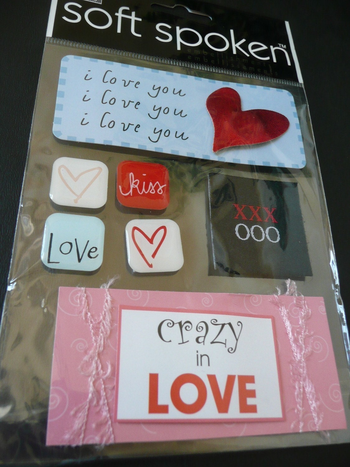 CRAZY IN LOVE Soft Spoken Scrapbooking 3d stickers-I love you, kiss, XoXo, Hearts