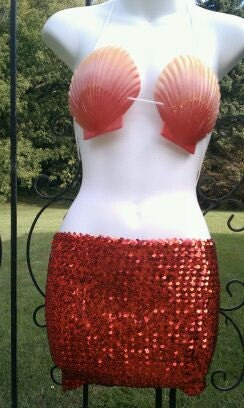 HALLOWEEN RED Siren Mermaid SKIRT Outfit with Fiery Red Orange Shells to match Mermaid Tails by Emily Angelfish