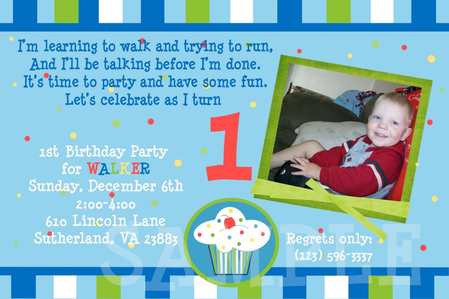 Custom Photo Lil Cupcake 1st Birthday Invitation - Polka Dots - Any age - Digital JPEG File 4x6 or 5x7 Print Your Own