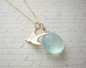 Aqua Chalcedony Bird Necklace Gold Filled