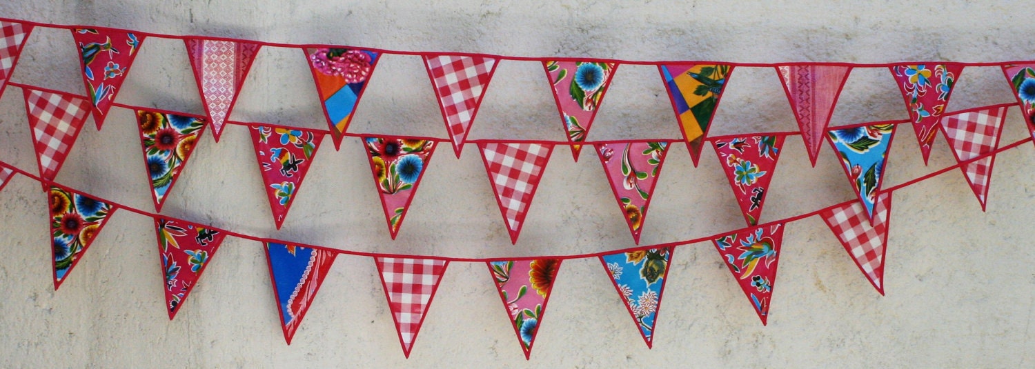 Oilcloth Pink Fuschia Sky blue  and Red Party Pennants Check out our gorgeous trim work  Ready to Ship