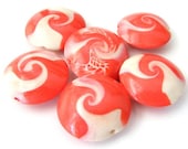 Lentil Beads Polymer Clay Swirl in Coral and Pearl White - Set of 6