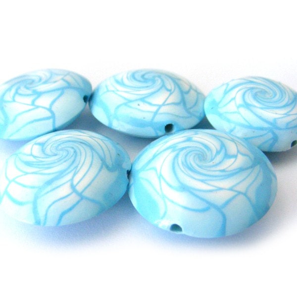 Polymer Clay Beads Swirl Lentil in Baby Blue And White - Set of 5