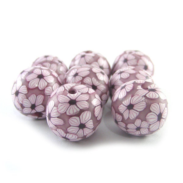 Polymer Clay Beads With Cherry Blossom Flower - Set of 8