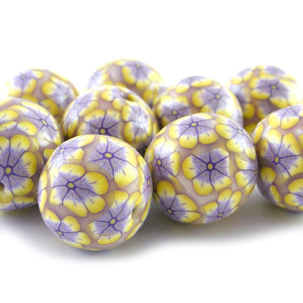 Polymer Clay Beads With Yellow and Purple Flowers - Set of 10