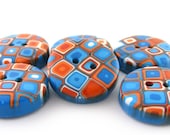 Polymer Clay Buttons Retro Pattern in Orange and Turquoise - Set of 6