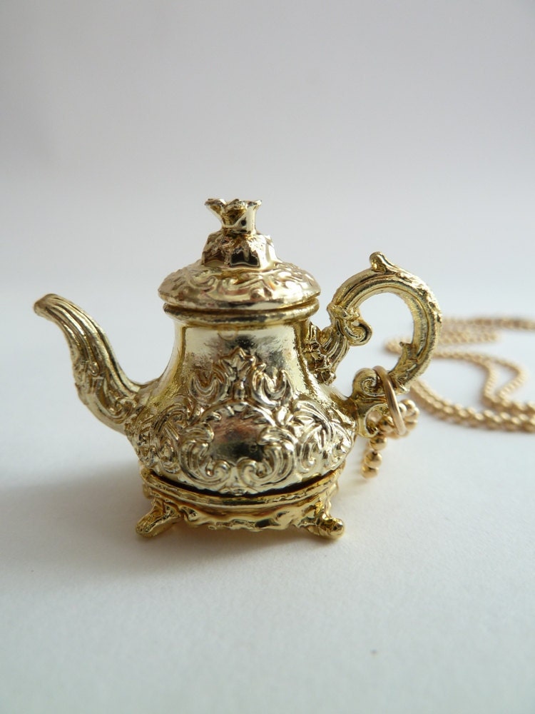 gold Tea pot necklace - Pendant alice in wonderland miniature gold ball chain royal gold tea pot unique gifts birthday girls