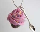 fake Cupcake necklace and small spoon Charm alice in wonderland with silver ball chain pink frosting ,birthday girls party