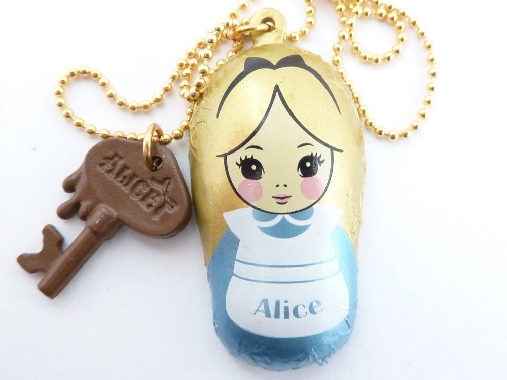 Alice In Wonderland Necklace with Chocolate key charm Babushka Matryoshka Russian Chocolate bar great for theme tea party