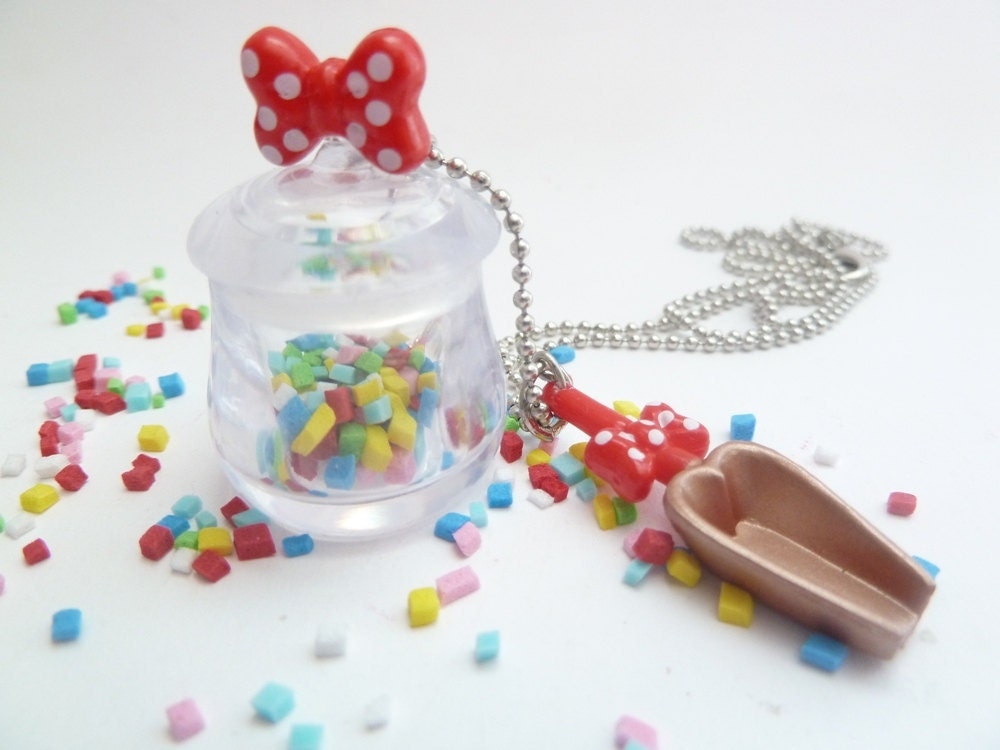 CANDYLAND NECKLACE Candy Jar necklace with sweet candy spoon Miniature charms with silver ball chain