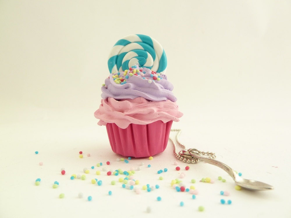 Lollipop Cupcake Necklace with small spoon Charm alice in wonderland with silver ball chain pink and purple frosting ,birthday girls party