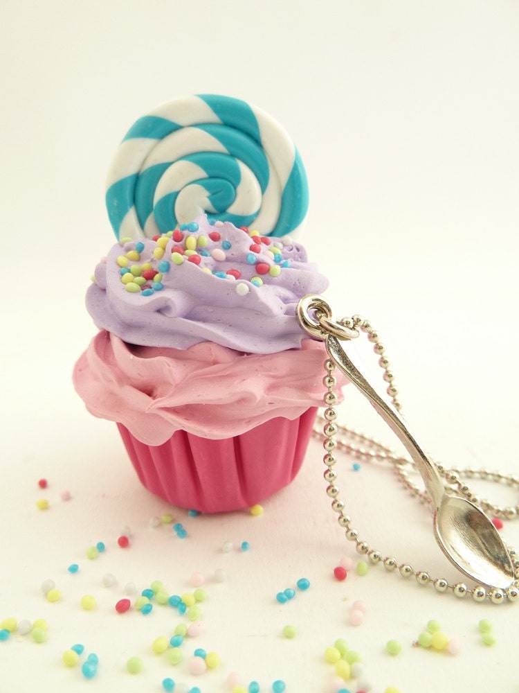 Lollipop Cupcake Necklace with small spoon Charm alice in wonderland with silver ball chain pink and purple frosting ,birthday girls party