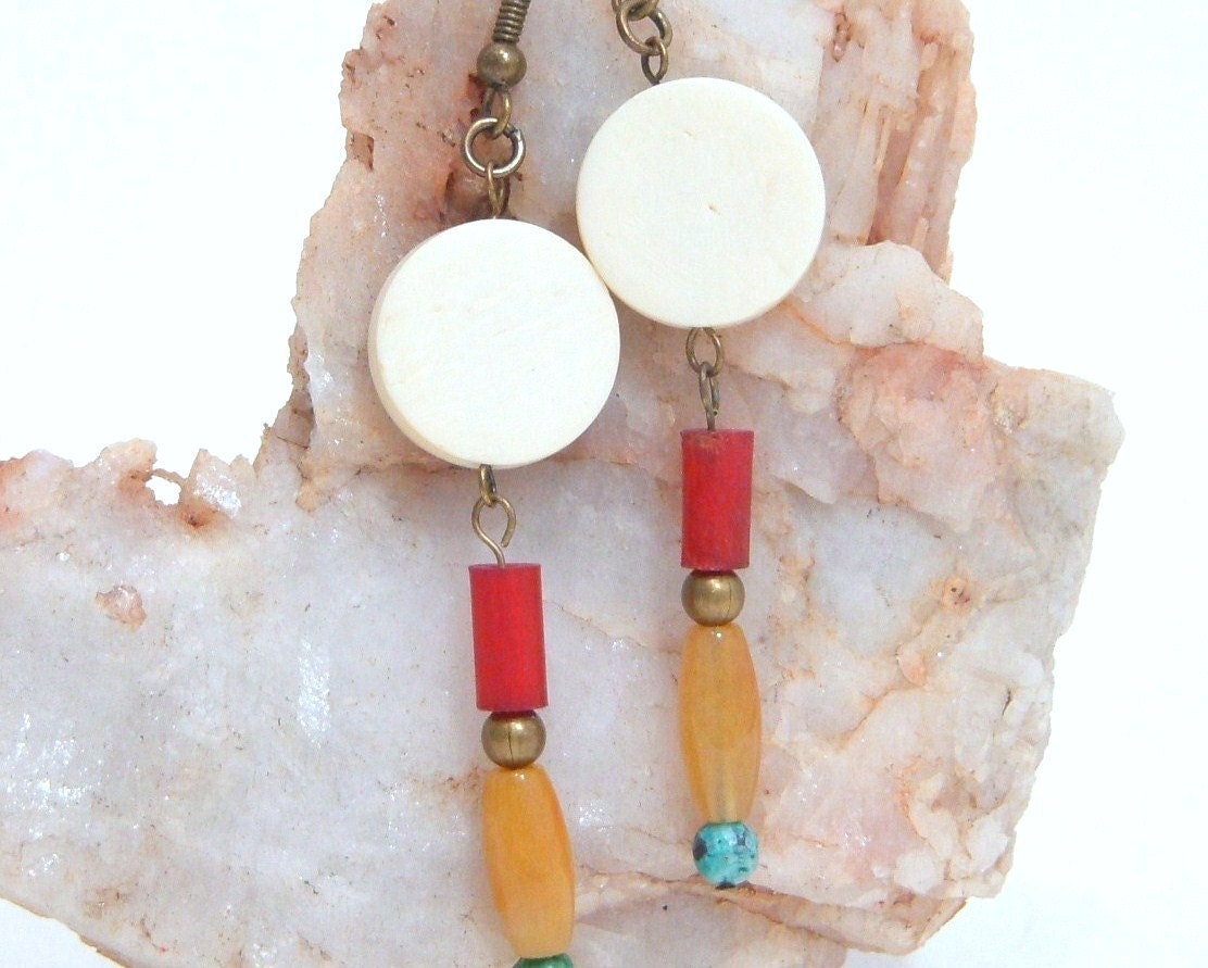 Earrings, Tribal, Red Horn, Yellow Jade, Bone, Turquoise E456
