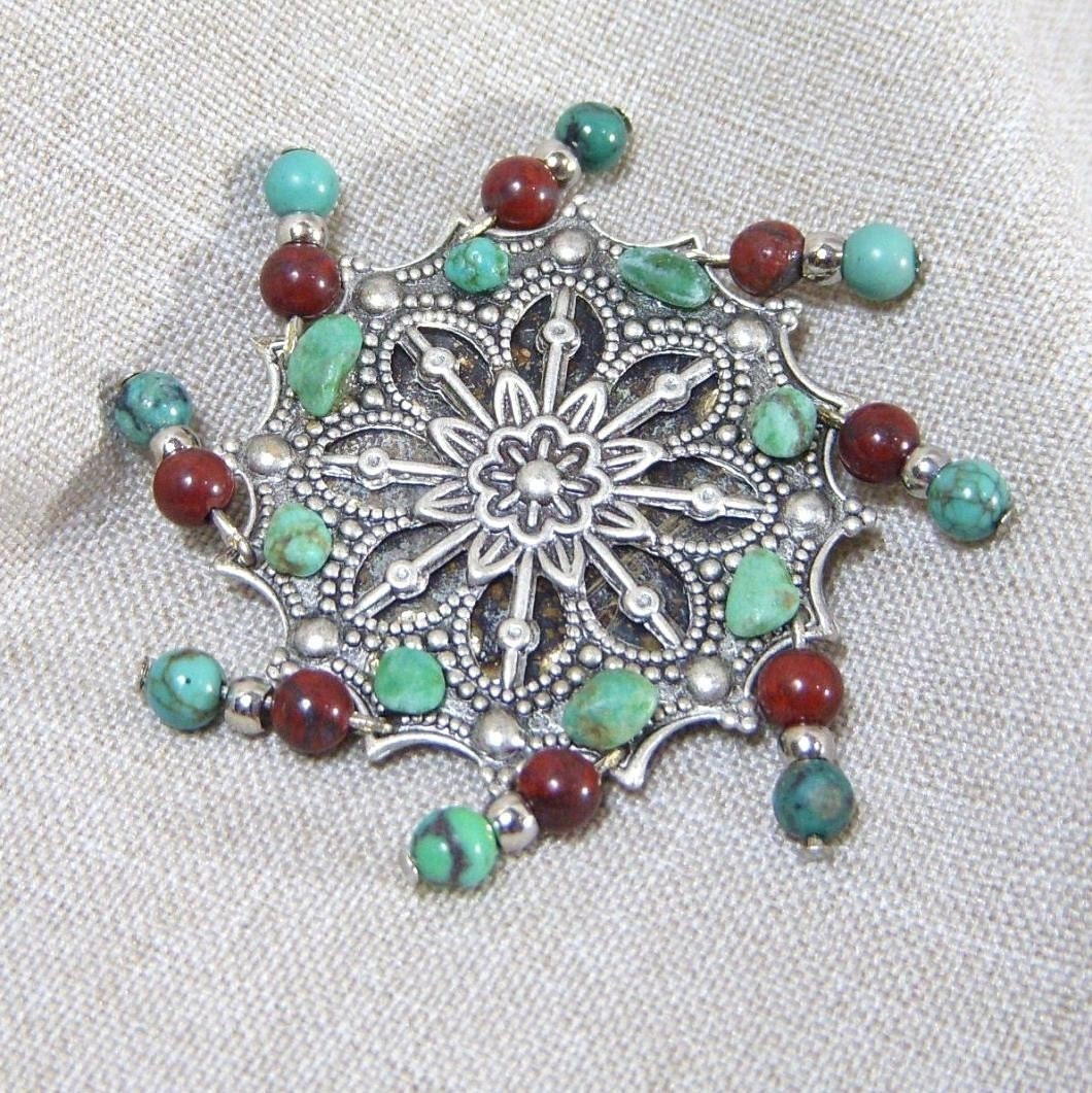 Brooch, Southwestern, Turquoise, Filigree Silver, Jasper P347