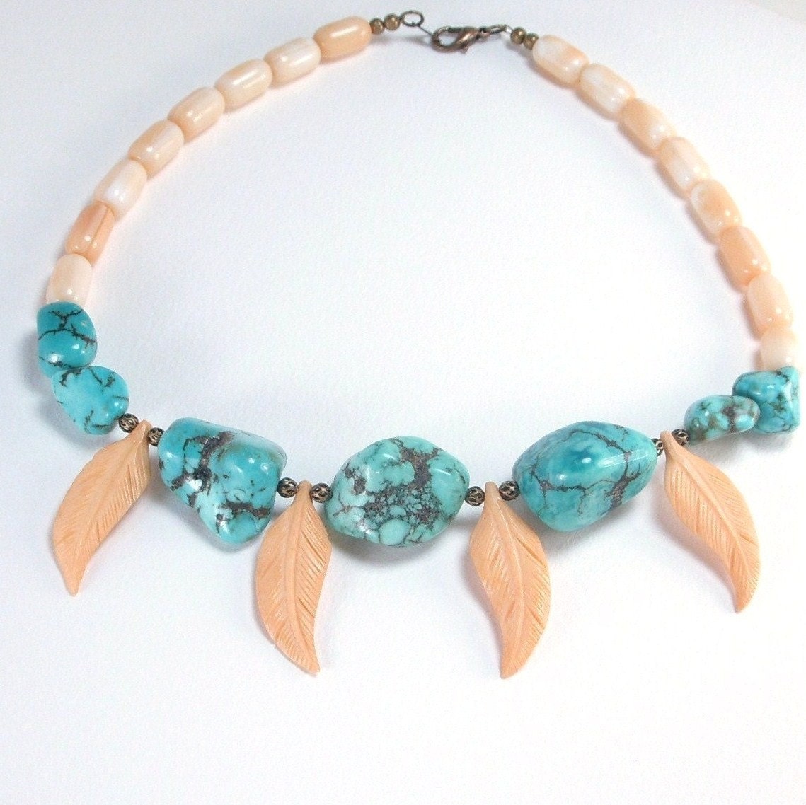 Necklace, Turquoise, Bone Feathers, Cream Glass Beads N190