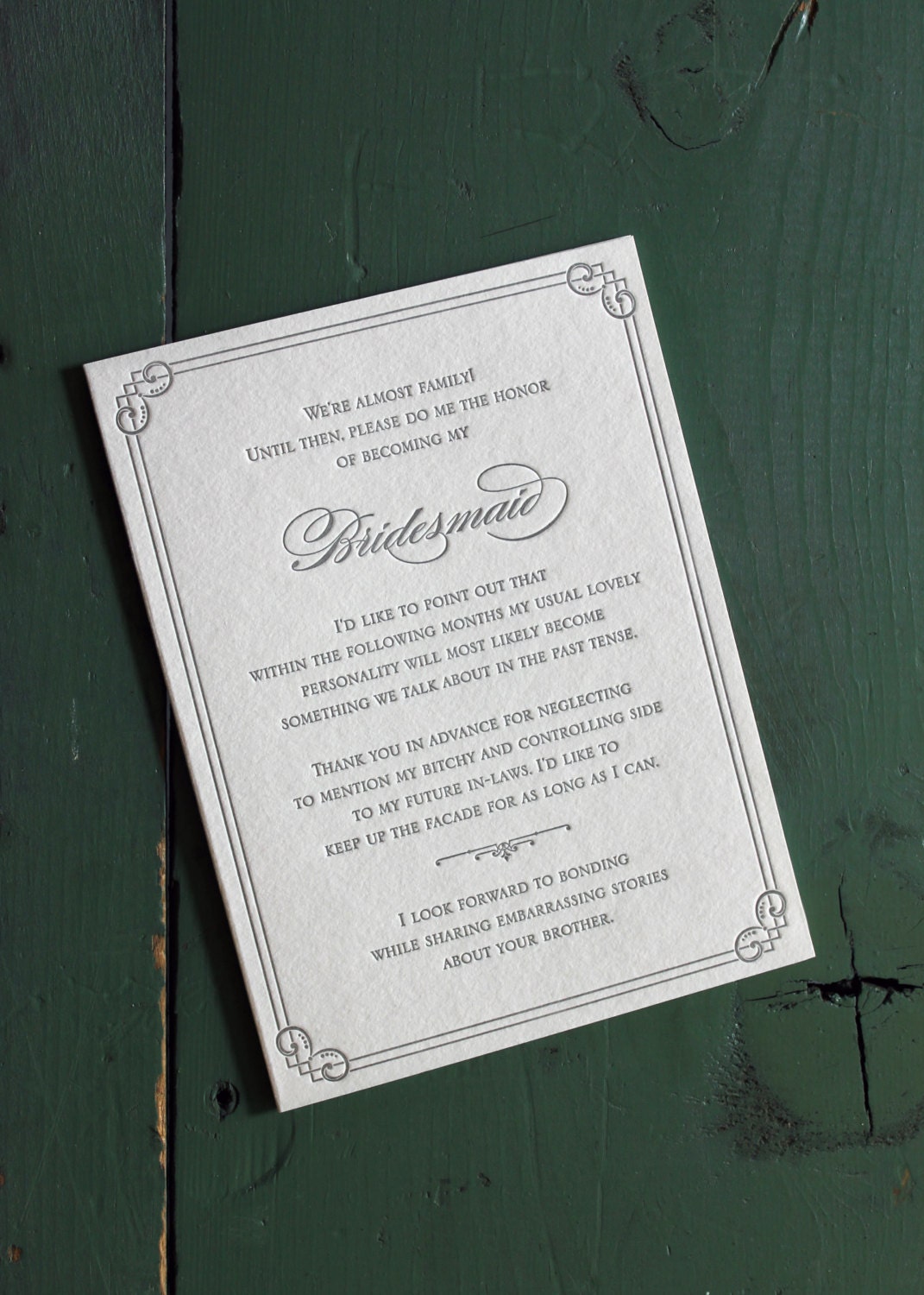 Bridesmaid / embarrassing stories Letterpress Card