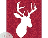 Vintage DEERHEAD Antlers and DAMASK RED Wall Paper , 11x14 Print