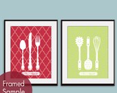 Pasta Ladle, Spatula, Whisk, Fork, Knife, Spoon Set (2) 11x14 Prints (Featured in Spring Green and Ruby Red) Customizable Colors
