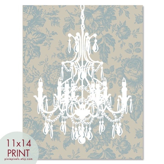 Rustic French Chandelier 11x14 Print -(Floral Wallpaper in Tan and Blue) French Country Inspired (Customizable Colors) Buy 3 get one Free