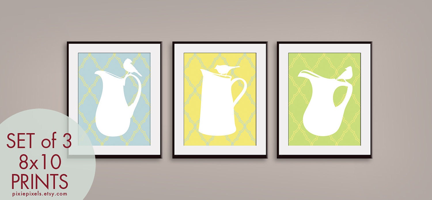 Modern Water Pitchers with Birds on Handles (Set of 3 - 8x10 Art Prints) Featured in Glacier Blue, Canary Yellow and Spring Green