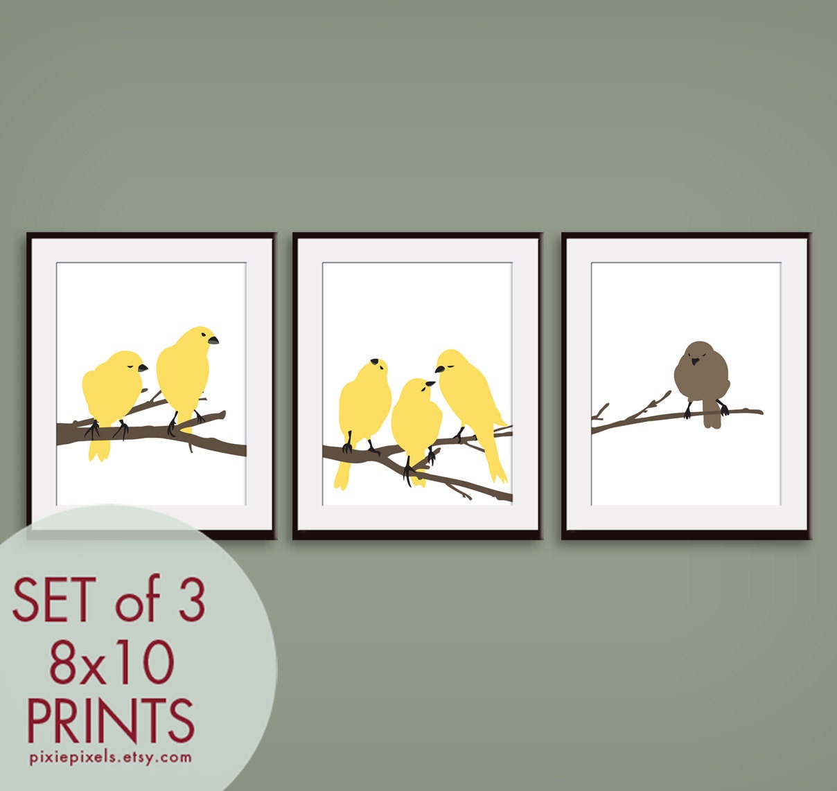 Birds on a Branch Series (Set of 3 - 8x10 Art Prints) Modern French Style (customizable colors)