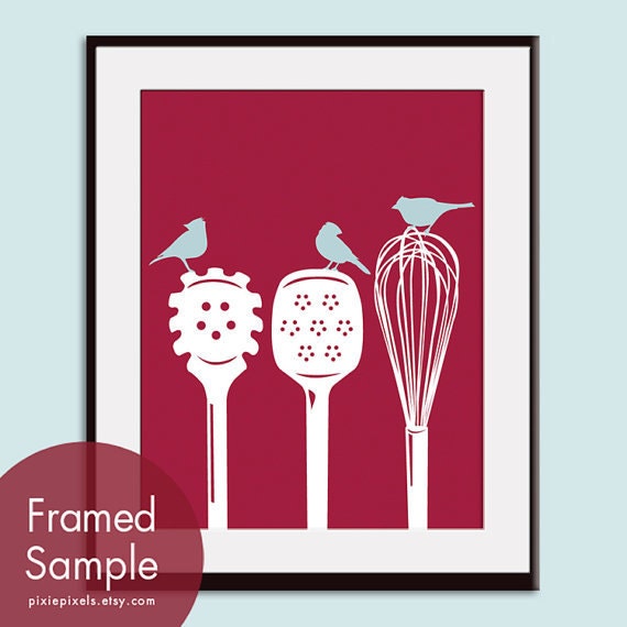 Birds on a Pasta Ladle, Spatula & Whisk 16x20 Art Print (Featured in Rich Red and Glacier Blue) Modern Vintage Design (Customized Colors)