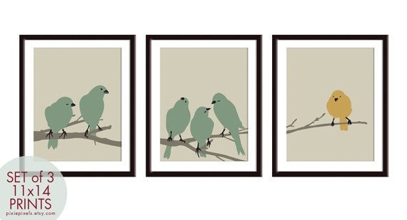 Birdies on a Branch Series- (3) 11x14 PRINT (Khaki Green & Autumn Yellow ) Customize your own colors