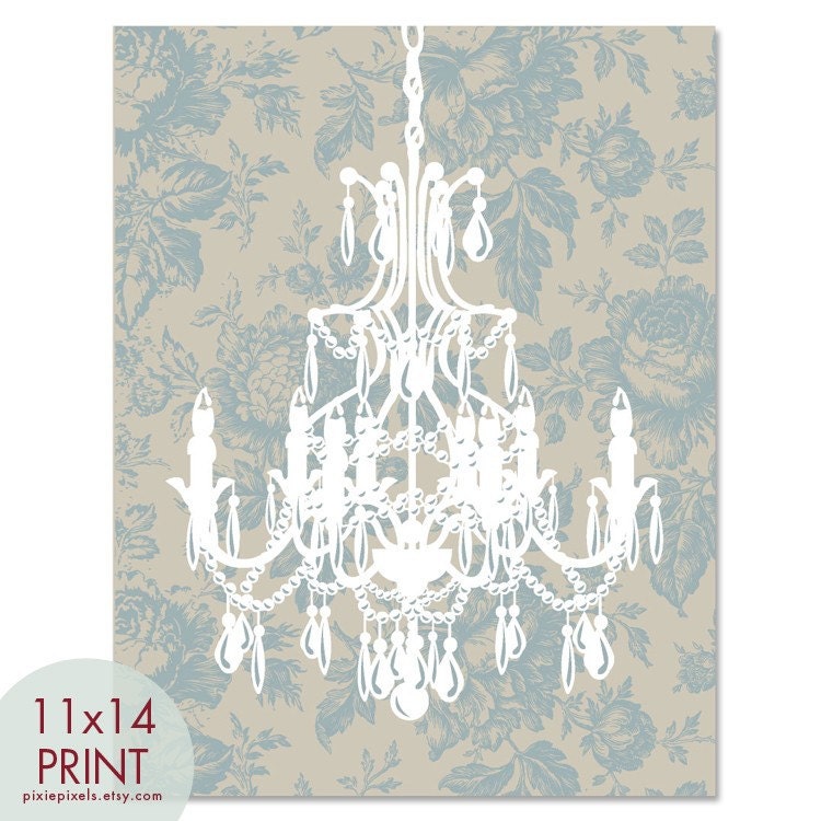Rustic French Chandelier 11x14 Print -(Floral Wallpaper in Tan and Blue) French Country Inspired (Customizable Colors) Buy 3 get one Free