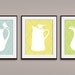Modern Water Pitchers with Birds on Handles (Set of 3 - 8x10 Art Prints) Featured in Glacier Blue, Canary Yellow and Spring Green