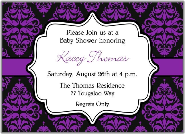 Purple and Black Damask Personalized Printable Digital DIY Invitation or Post Card ( Any Wording or Text)