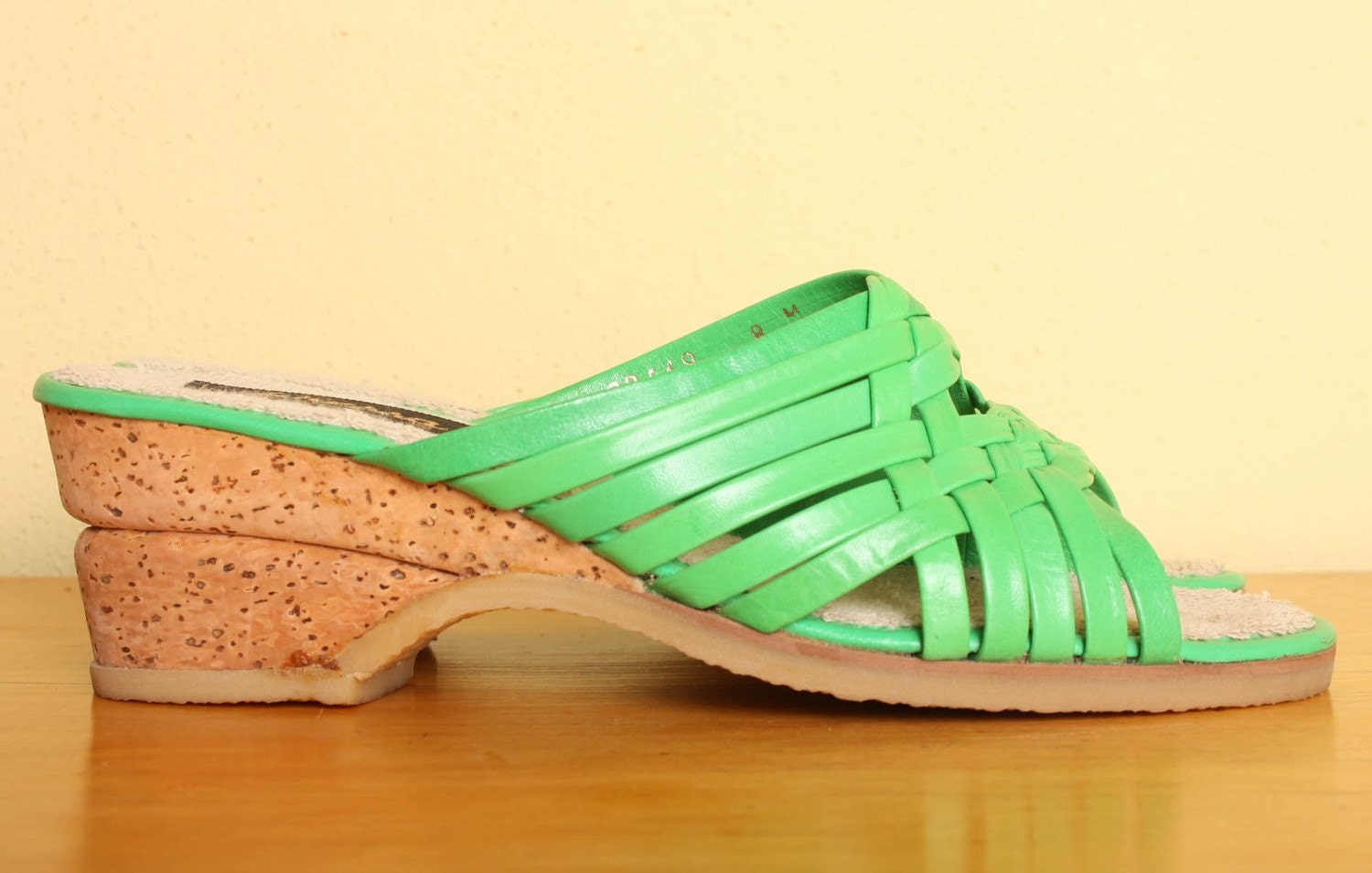 CLEARANCE Vintage Strappy 1970s Cork Wedge Sandals in Bright Green Leather - Size 8 or 8.5