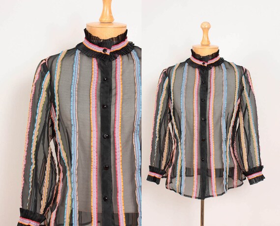 80s / 90s Sheer Silk Blouse / Black w/ Colorful Ribbon Stripes - Womens M - High Necked Neck Button Down Long Sleeves