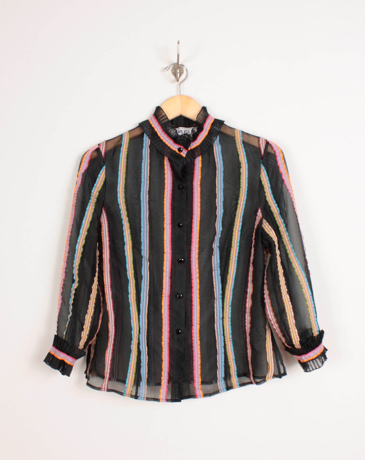 80s / 90s Sheer Silk Blouse / Black w/ Colorful Ribbon Stripes - Womens M - High Necked Neck Button Down Long Sleeves