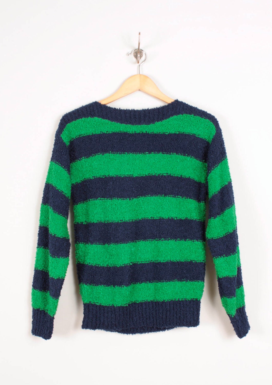 1980s Boatneck Sweater / Navy Blue & Green Sailor Stripes - Womens M / L - Nubby 80s Striped Bateau Pullover Jumper