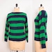 1980s Boatneck Sweater / Navy Blue & Green Sailor Stripes - Womens M / L - Nubby 80s Striped Bateau Pullover Jumper