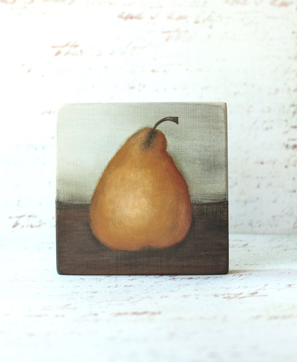 original painting still life fruit golden pear on wood