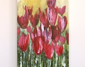 red pink flowers original acrylic painting on thick canvas yellow green