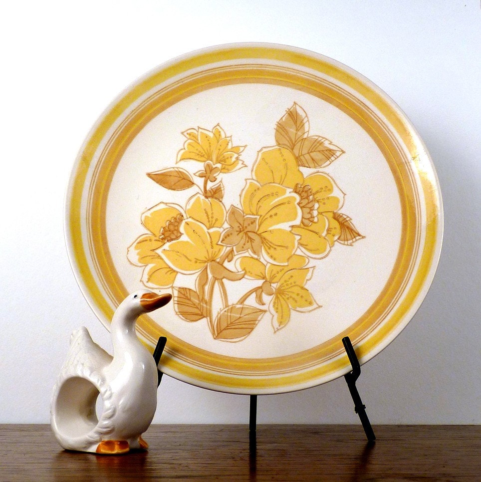 Vintage two Dinner Plates - Royal China USA - Vendome Fantasy - Mustard Yellow Colored Flowers, Leaves and Edge