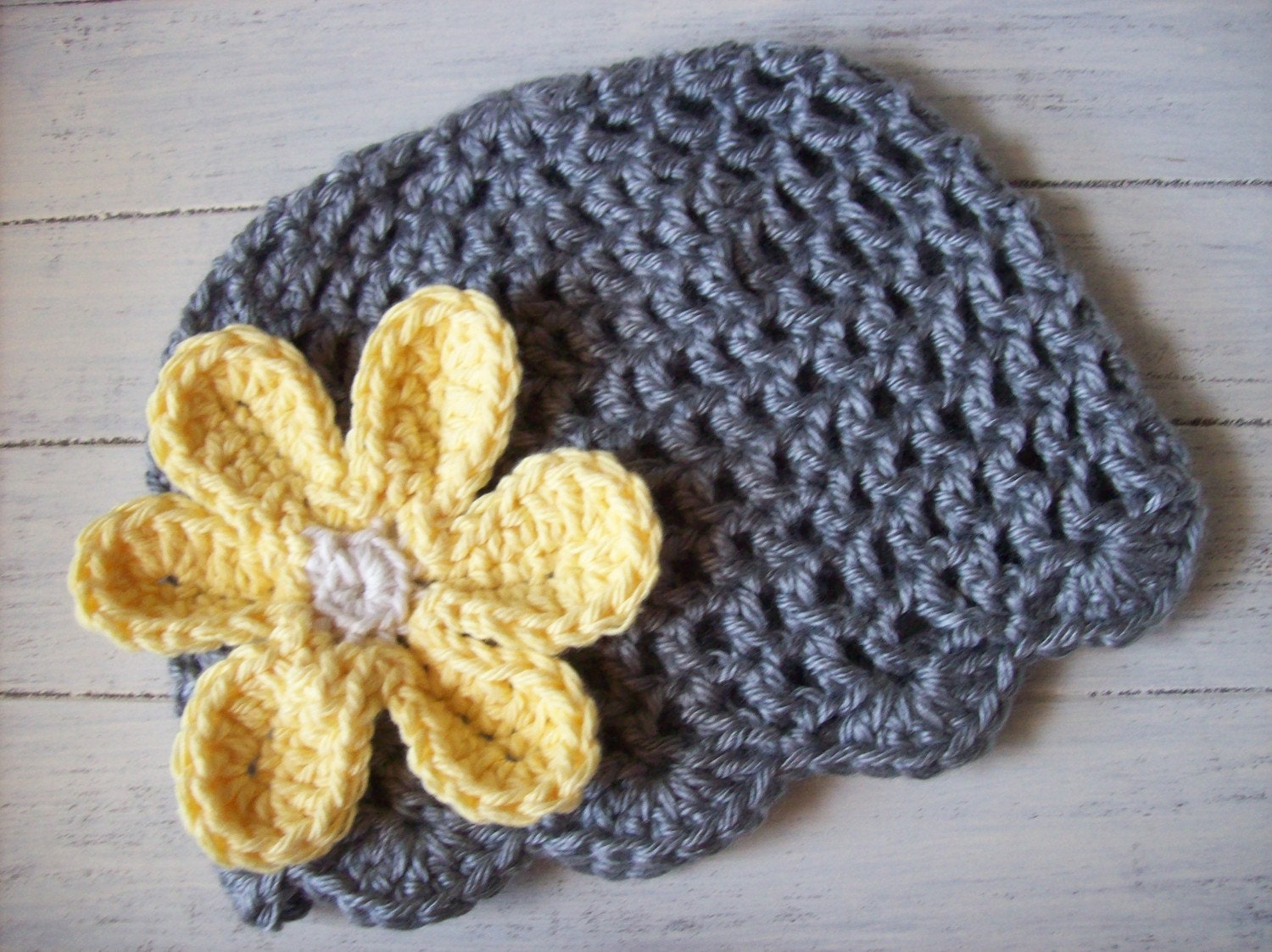 Hand Crocheted Hat with Crocheted Flower Clip - GRAY/YELLOW - All Sizes Available