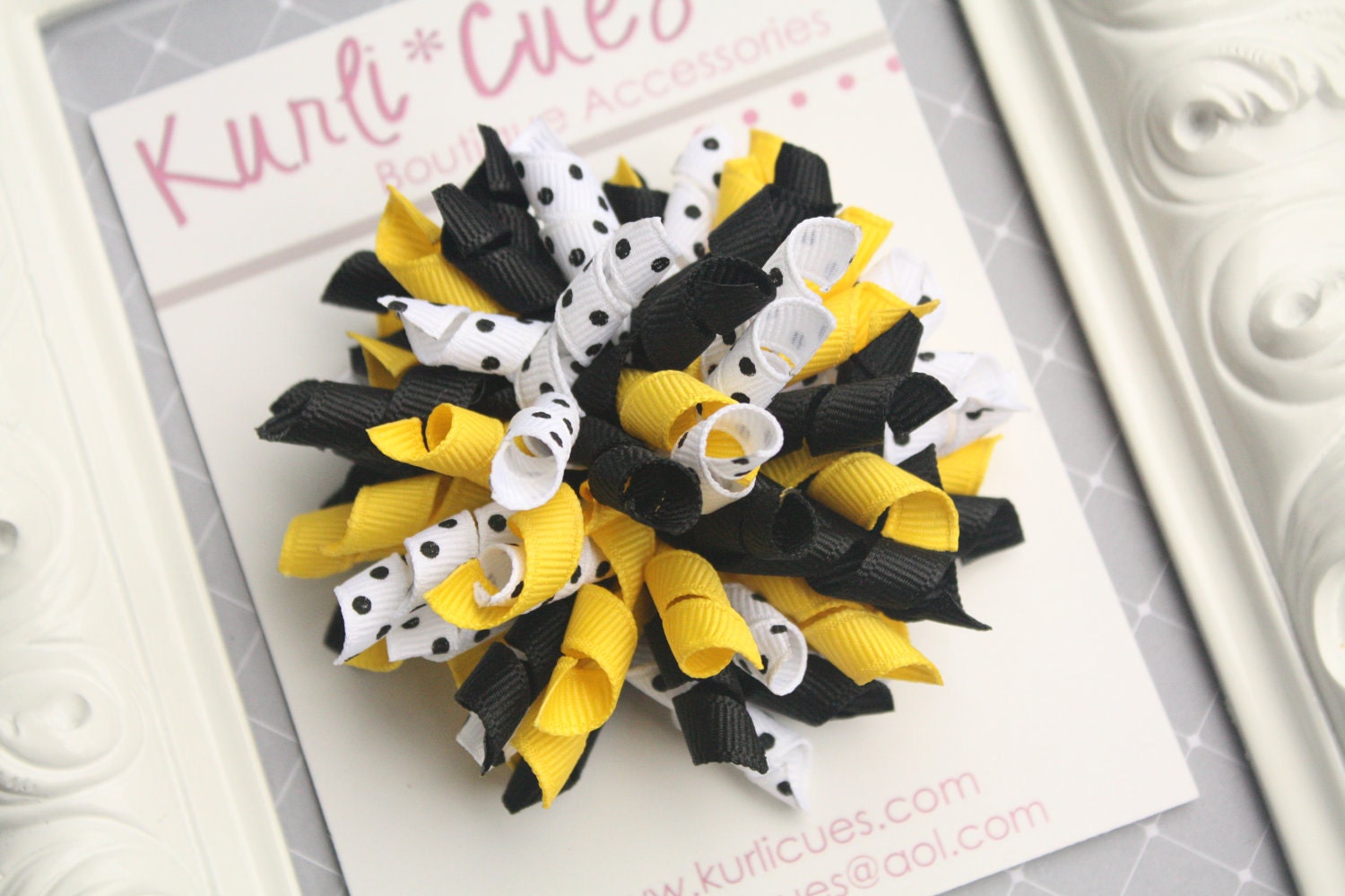 Boutique Korker Hair Bow - Yellow Black Swiss Dot - BUMBLEBEE - Hand Sewn