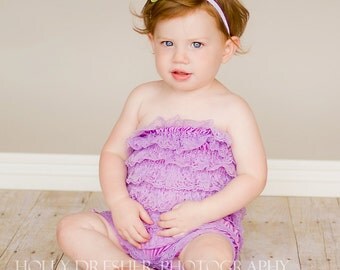 You Pick Size. Chicaboo Lavender Ruffled lace petti romper / bloomer. Sizes for ages newborn to 4/5 years. More Colors available